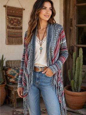 Altar'd State Cardigan Sweater XS Open Front Gray Red Knit Fringe Boho Aztec